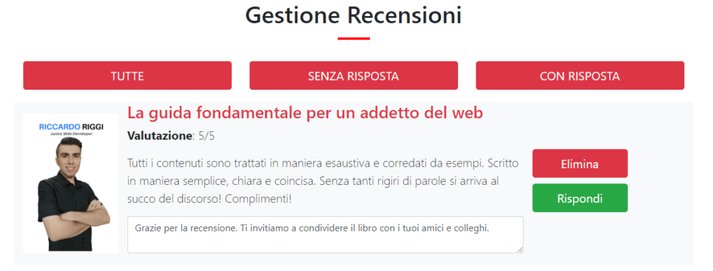 Schermata della gestione delle recensioni di Tech-In-Book